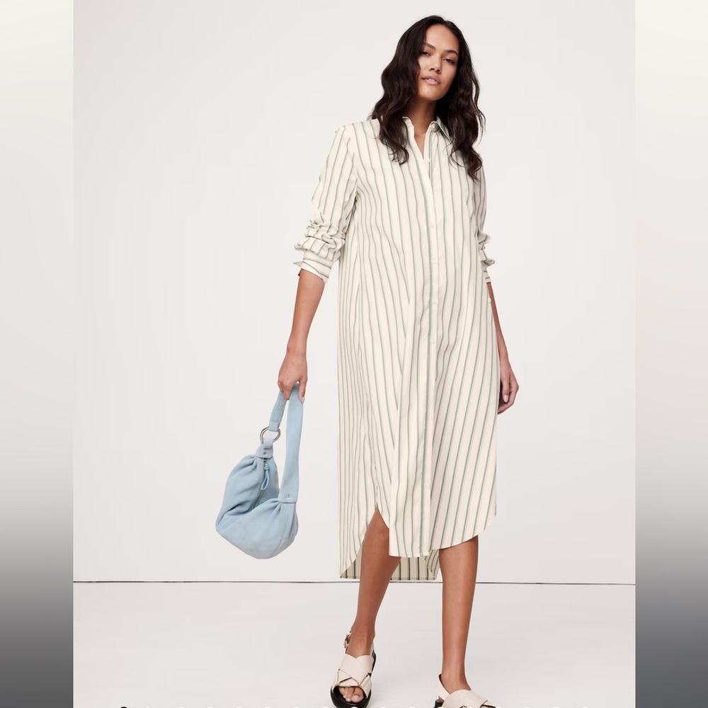 Banana Republic Cotton Poplin Asymmetrical Green Stripe Midi Shirt Dress XS